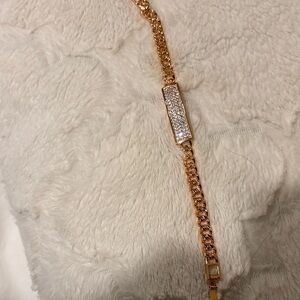 ID Bracelet  Rectangular Bar Paved with Small Stone Curb Chain Link